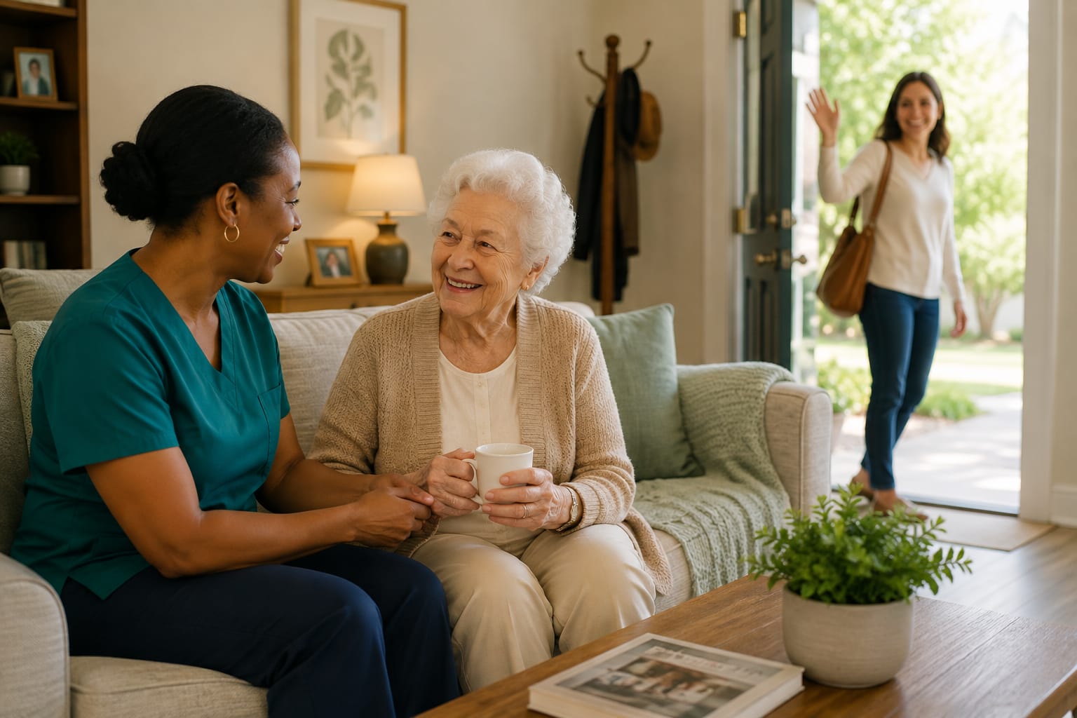 A care professional and an older woman smiling together on a living-room sofa while a visitor waves from the doorway