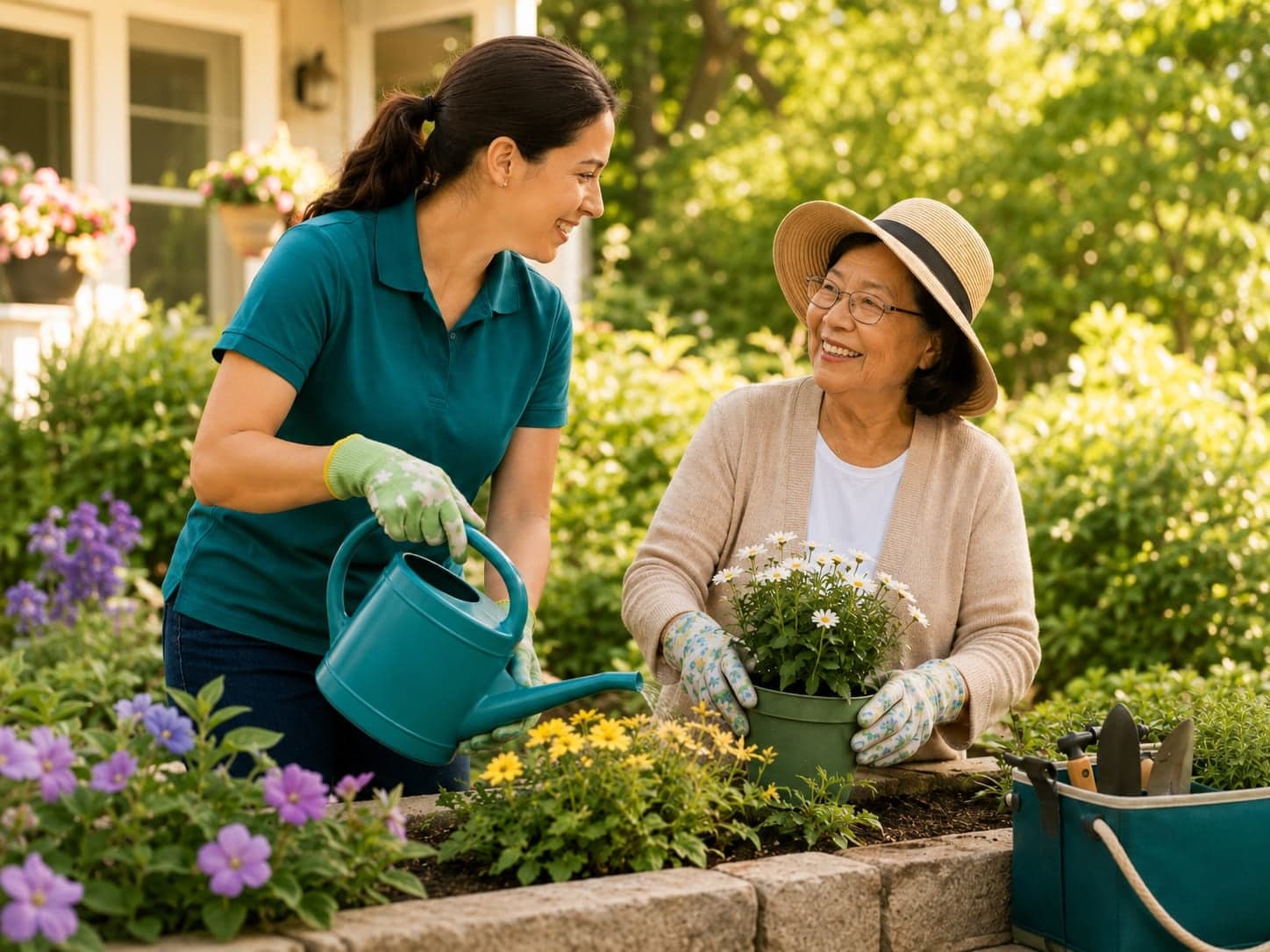 A Care Professional and an older woman gardening together outdoors, watering flowers in a raised bed